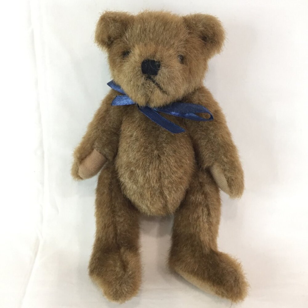 Plush Stuffed Brown Bear Jointed Limbs With Blue Ribbon 7"  Serious Expression